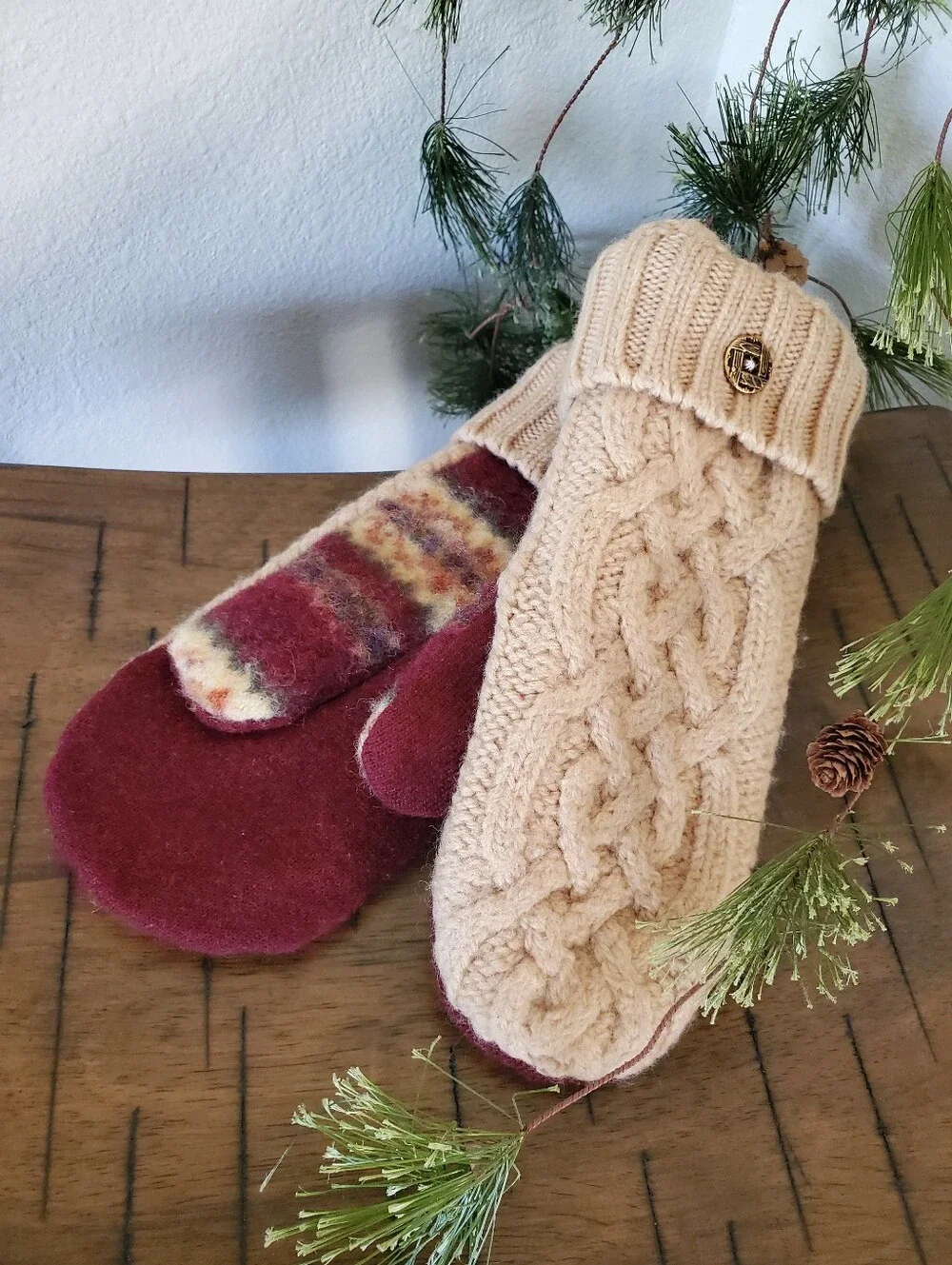 Cozy Cable Knit Wool Mittens Upcycled Eco-Friendly Winter Sweater Mittens Gift